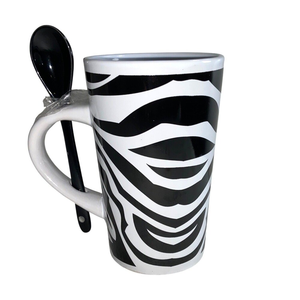 Zebra Print Black White  Mug Black Spoon 12 Oz Striped  Gift Coffee Cup